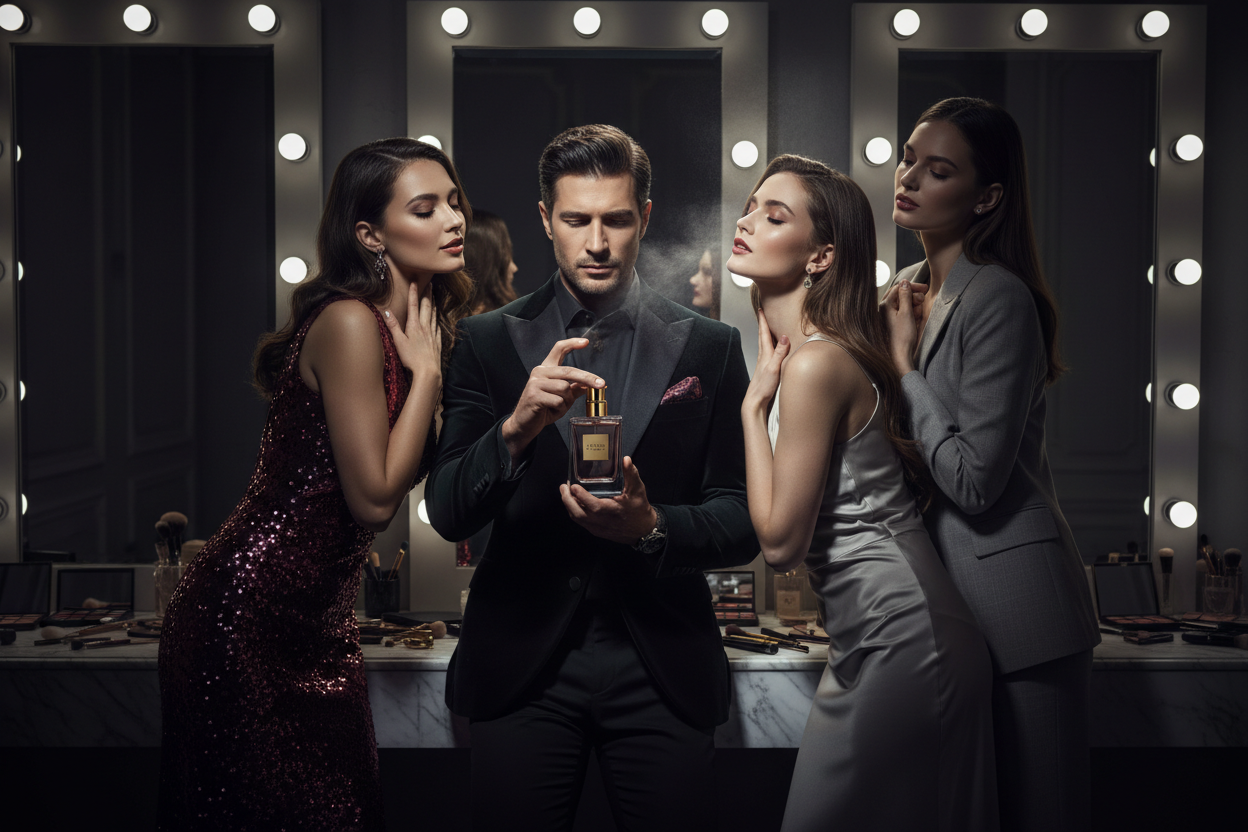 Men using perfumes and 2-3 womens around him with dark background from the makeup room